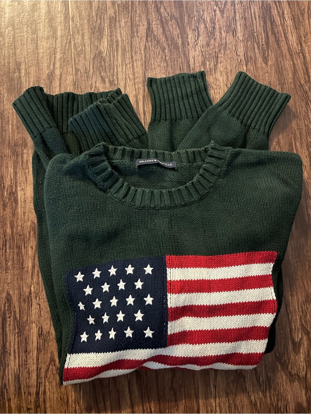 Brandy Melville Dark Green Crewneck Sweater with Flag Knit